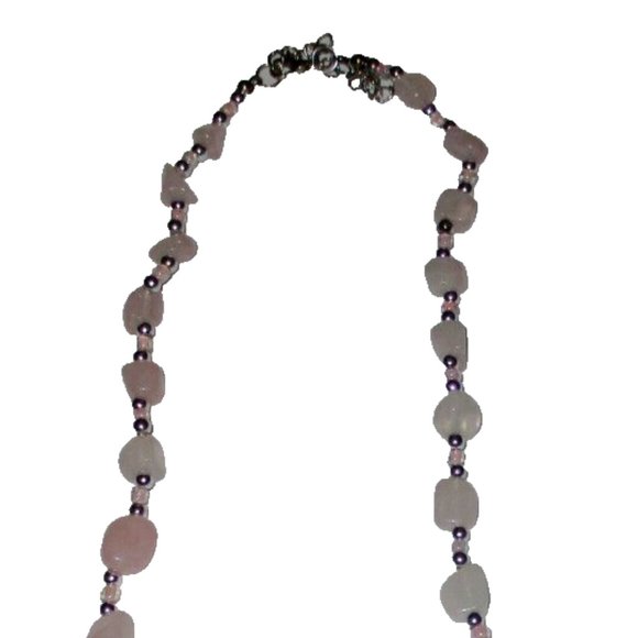Chunky 18" Beaded Necklace Rose Quartz Jewelry Pink Silver Beads - Picture 2 of 6